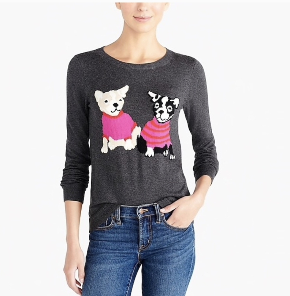 J Crew Mercantile Womens Sweater Gray Crewneck French Bulldog Teddie Dog Size XS